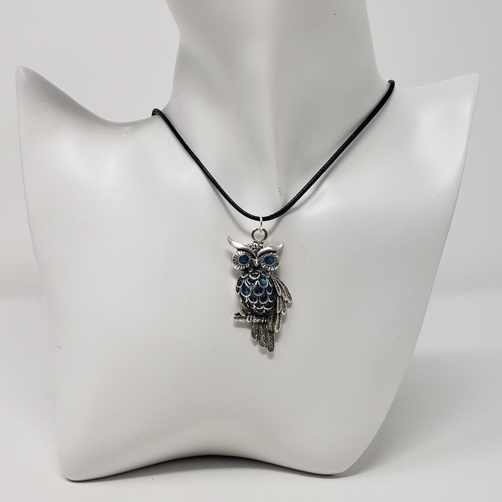 Owl Pendant Necklace w/ Blue Sparkle Resin Body & Eyes